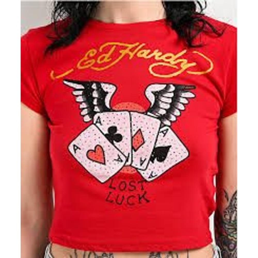 Ed Hardy Red Lost Luck Aces Rhinestone Baby Tee Y2K Tattoo Graphic Shirt M